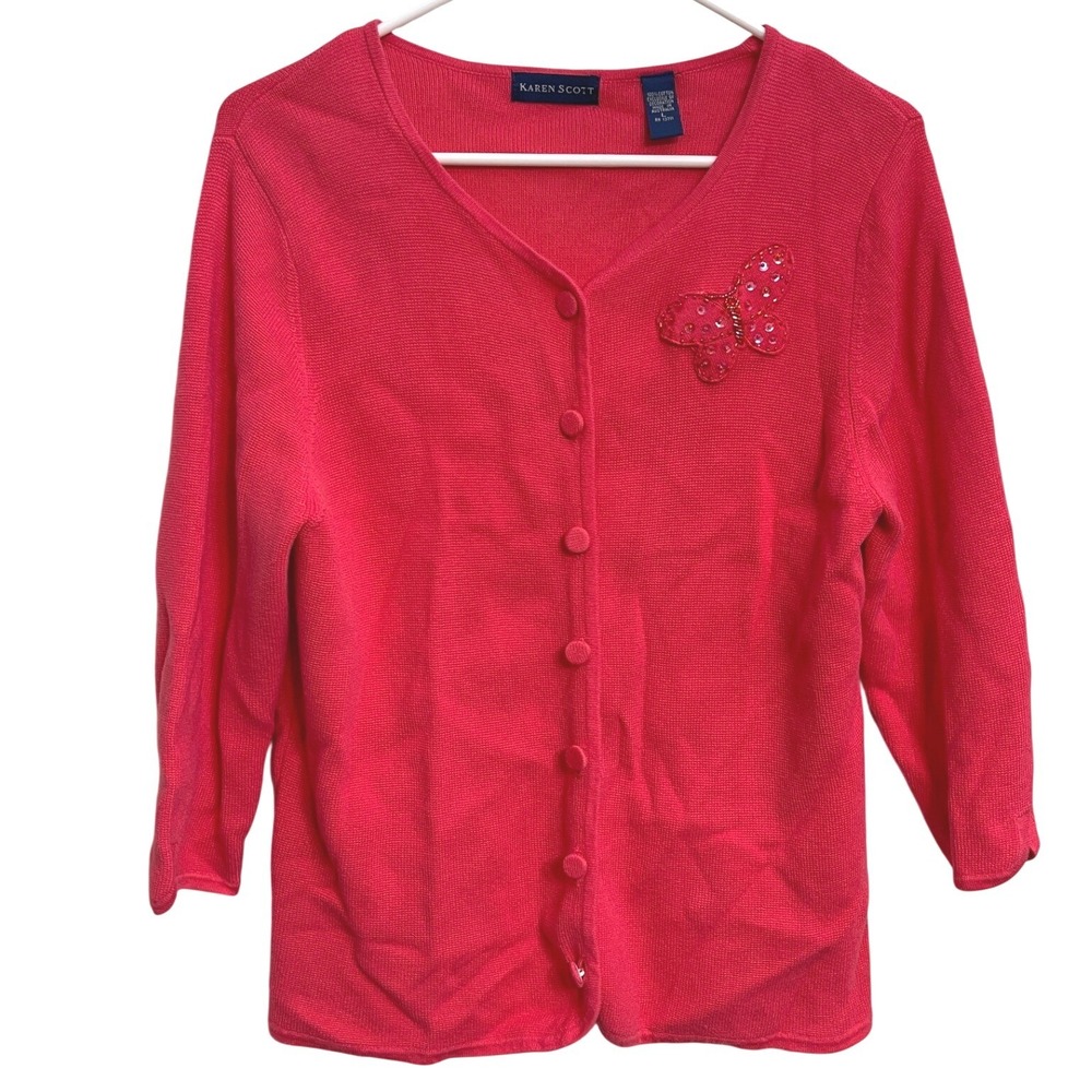 Vintage Y2K Karen Scott Butterfly Cardigan L Pink Beaded Sequin 3/4 Sleeve